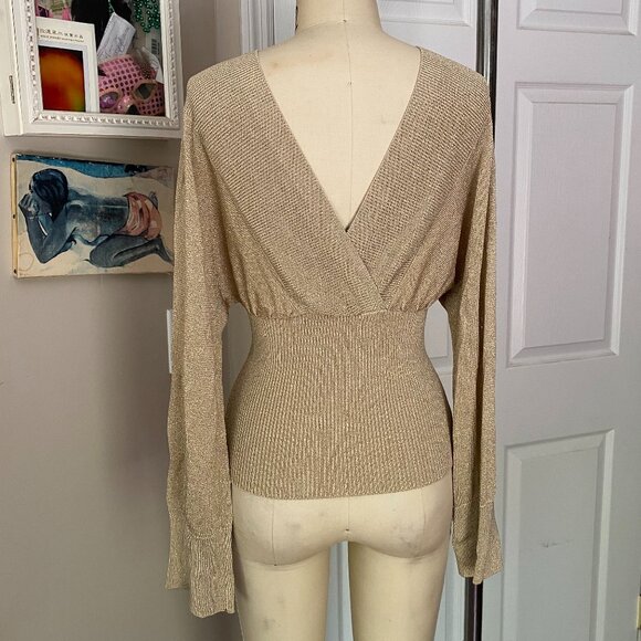 VICTORIA'S SECRET Gold metallic Stretch Knit mock wrap Y2K Dolman Shirt X-SMALL - Picture 5 of 6
